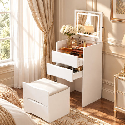 18.7" W White 3-in-1 Makeup Vanity and Nightstand with Flip-Up 3-Color LED Mirror, Glass Top, 3 Drawers and Stool