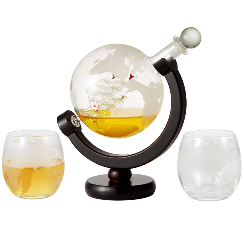 Globe  Whiskey Decanter And 2 Cups Set With Wood Base