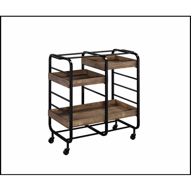 Vorrik Walnut Finish Rectangular Serving Cart with 3 Adjustable Trays and Caster Wheels for Easy Mobility, Black