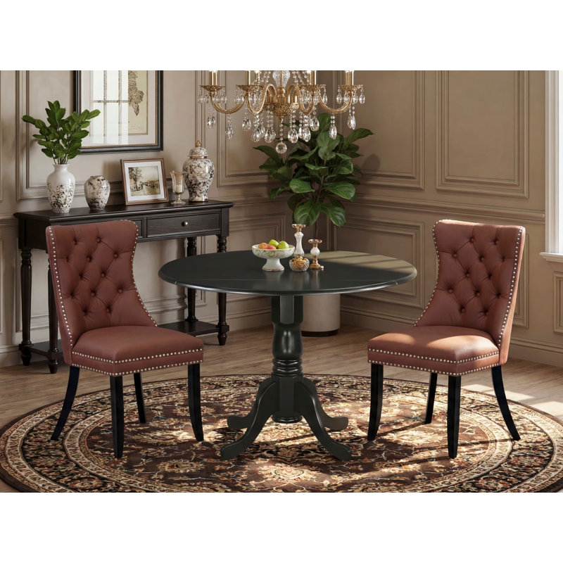Ensemble de salle à manger 3 pièces comprenant une table de cuisine ronde avec Dropleaf et 2 chaises rembourrées, noir, Brun