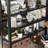 Queen Size Loft Bed with Storage Shelves, Metal Loft Bed with Clothes Hanging Rod and Desk, No Box Spring Needed Design, Black