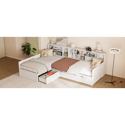 Lit de jour simple en L en forme de lit simple avec lit gigogne et tiroir de rangement, base de lit d'angle polyvalente avec bibliothèques pour 3 personnes, blanc