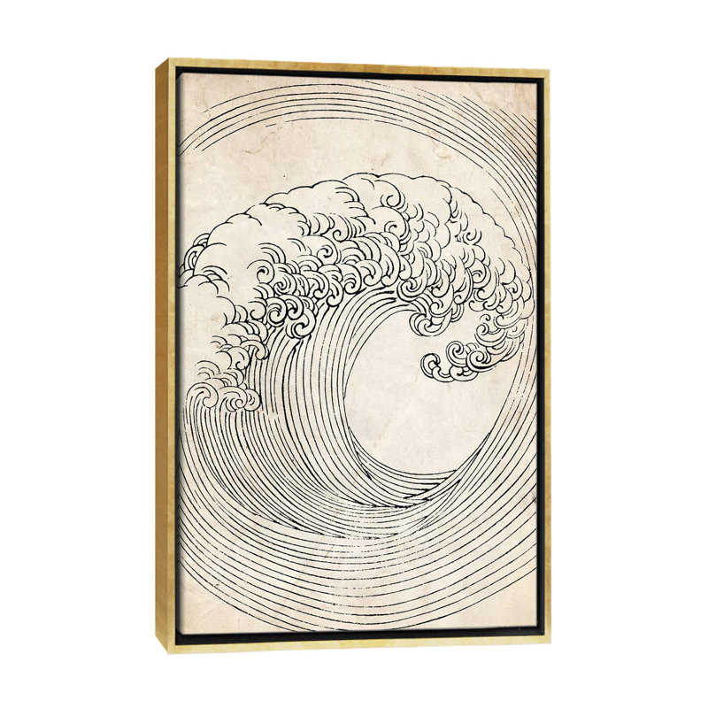 Croquis de vague zen rétro, H 60 po x l 40 po, Cadre flottant doré