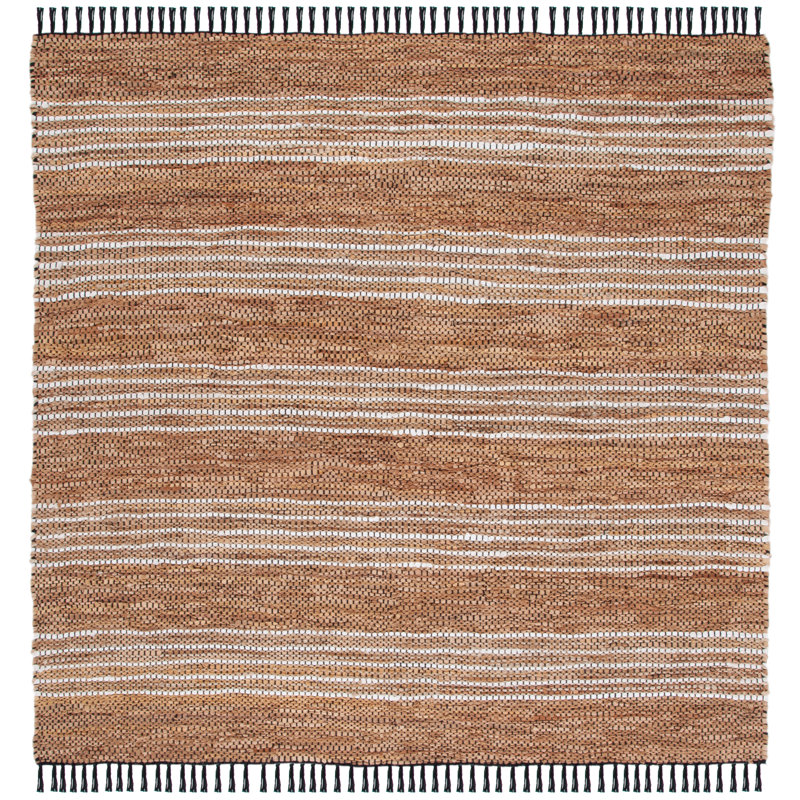 Preston Striped Hand-Woven Cotton/Leather/Jute Brown/Beige Area Rug, Square 6'