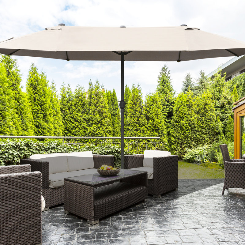Parasol de patio extérieur de 15 pi, acier rectangulaire, garde-soleil double face, manivelle simple, parasol rectangulaire café par construction, garde, facile
