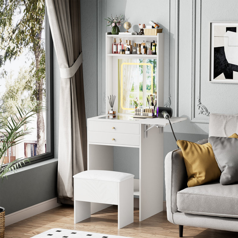 Bureau de maquillage pour coiffeuse - 3 miroirs réglables à DEL et fauteuil de rangement, coiffeuse de chambre à coucher