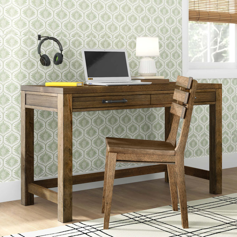 Ensemble de bureau d'écriture rectangulaire en bois massif 2 pièces avec chaise Tyson, Brun Tree House