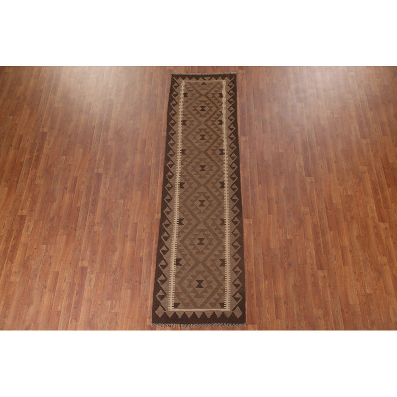Brown Geometric Kilim Runner Rug 3x9