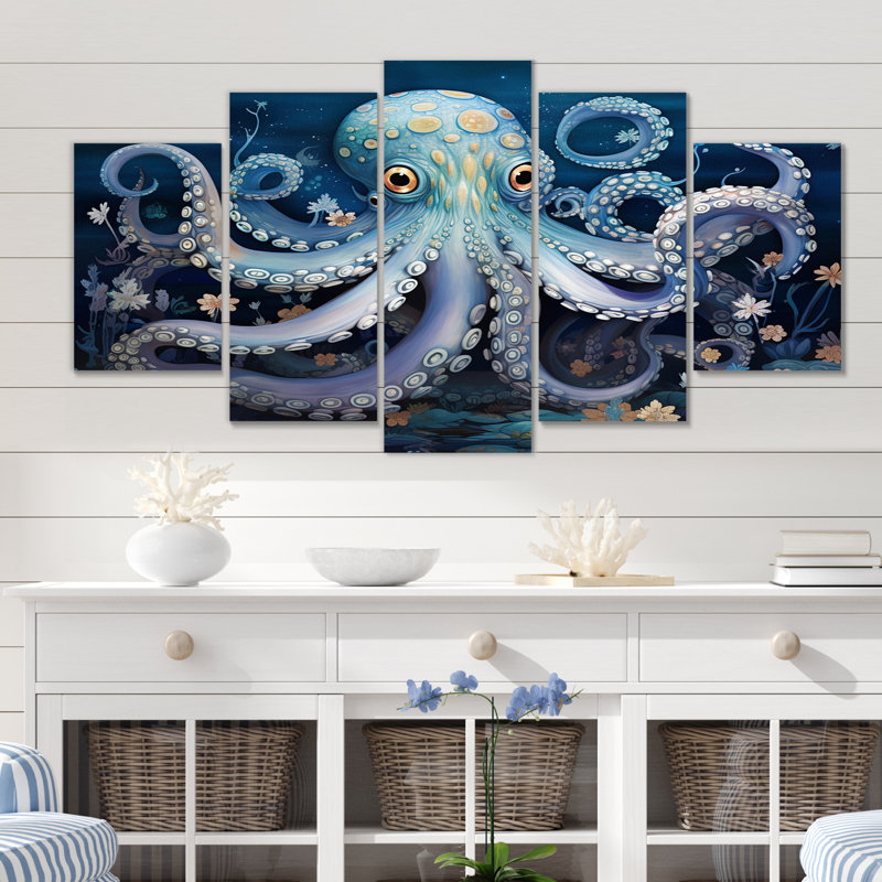 Illustration de poulpe éthéré dans un fond profond - animaux, pieuvre, art mural, salon - 5 panneaux