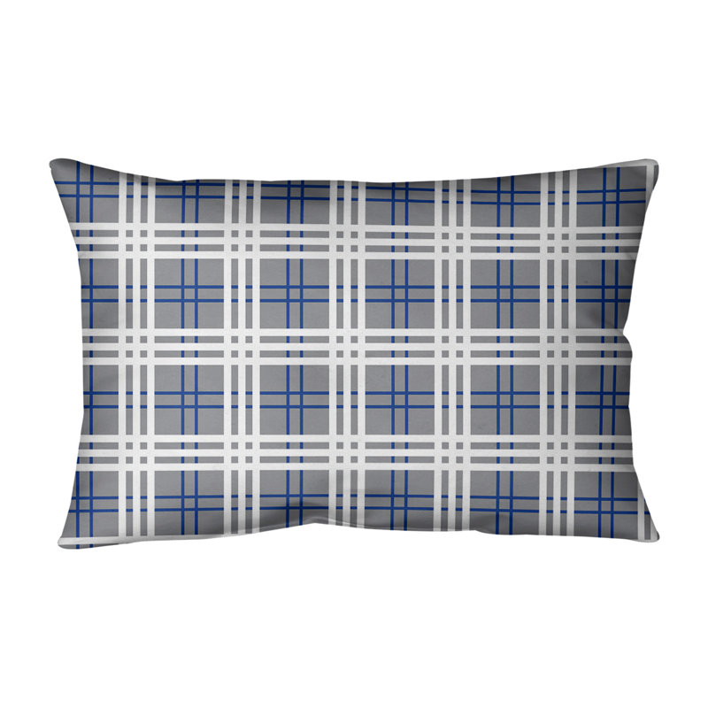 Plaid Leather/Suede Reversible Throw Pillow, Silver/Blue/White, Linen