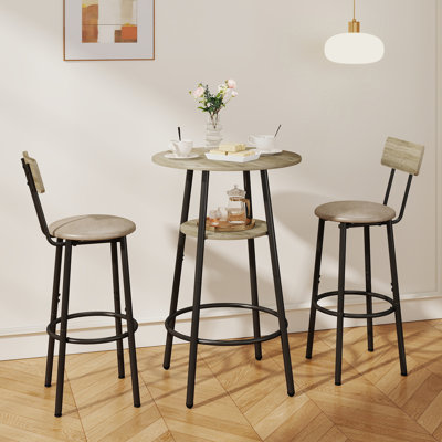Ensemble de table de bar ronde 3 pièces avec rangement, table de salle à manger à hauteur de comptoir pour 2 personnes, tabourets rembourrés avec dossier, peu encombrante Ensemble de table de bar ronde 3 pièces avec rangement, table de salle à manger à hauteur de comptoir pour 2 personnes, tabourets Saving Petit déjeuner