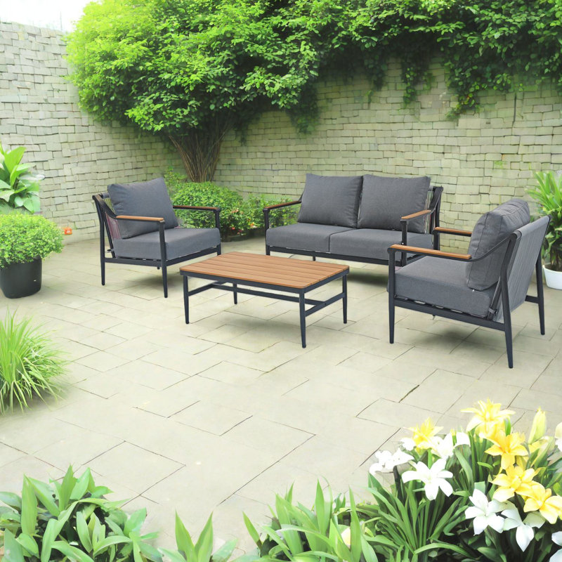 Canapés de patio confort, ensemble moderne en métal et grain de bois pour la cour arrière