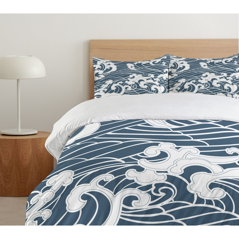 Slate Blue and White Japanese Wave Queen Duvet Cover Set