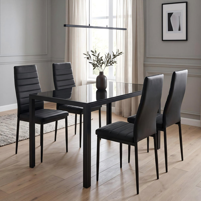 Ensemble de table et chaises de salle à manger 5 pièces pour 4 personnes, en verre trempé, 120 x 70 x 75 cm, verre et métal, noir.