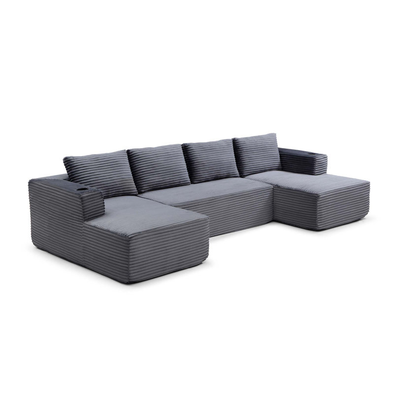 132 Inch Oversized Cloud Boneless Sofa With Chaise, Modern Corduroy U Shaped Modular Sectional, Deep Seat, Cupholders, No Assembly Required-Blue