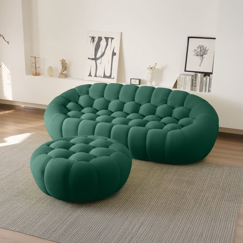Kayi Boneless 98.43" Upholstered 3-seat Pumpkin-shaped Sofa With Ottoman, No Assembly Required, Green