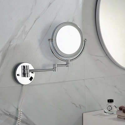 8 Inch LED Wall Mount Two-Sided Magnifying Makeup Vanity Mirror 12 Inch Extension Chrome Finish 1X/3X Magnification Plug 360 Degree Rotation Waterproof Button Shaving Mirror