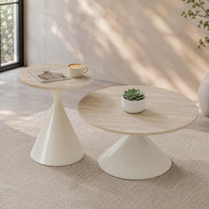 Ensemble de deux tables basses rondes, plateau à motifs et piètement en acier, table basse multifonctionnelle et élégante