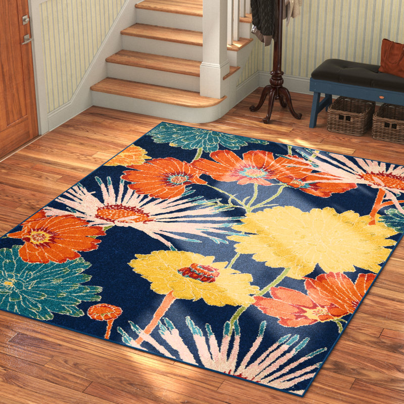 Tapis floral bleu / jaune / orange Amher, Rectangle 4 pi x 6 pi