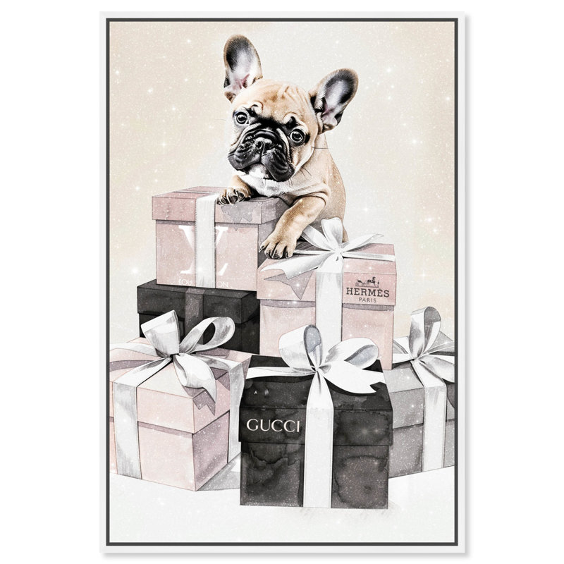 Jolies boîtes-cadeaux sur toile Frenchie , H 16 po x l 11 po, Cadre flottant blanc
