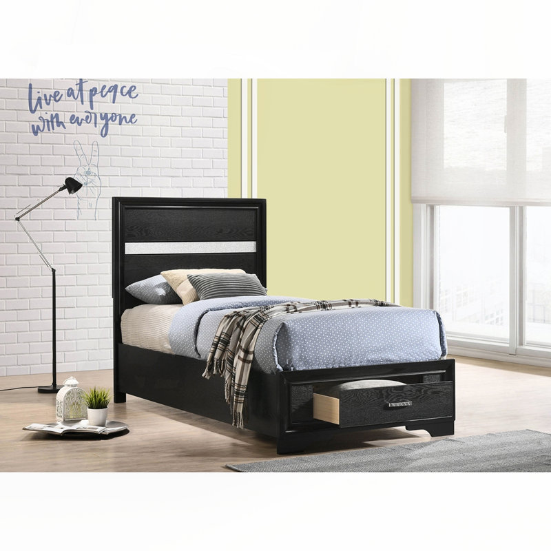 Black Twin Storage Panel Bed, Twin, Black