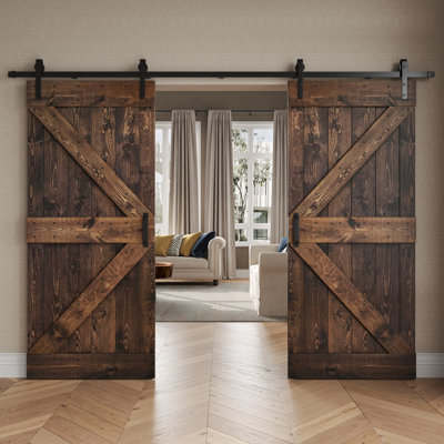 K Series Pine Wood Double Sliding Barn Door with Hardware Kit
