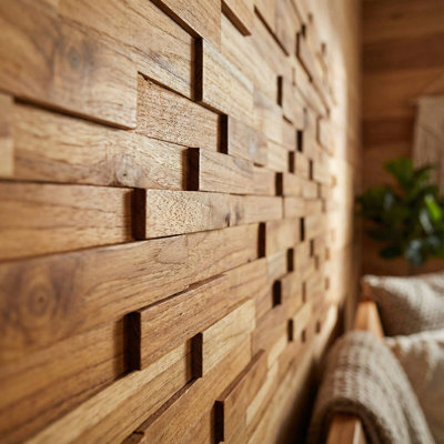Bare Decor EZ-Wall 3D Mosaic Tile in Solid Teak Wood, Set of 10 Natural Finish Tiles