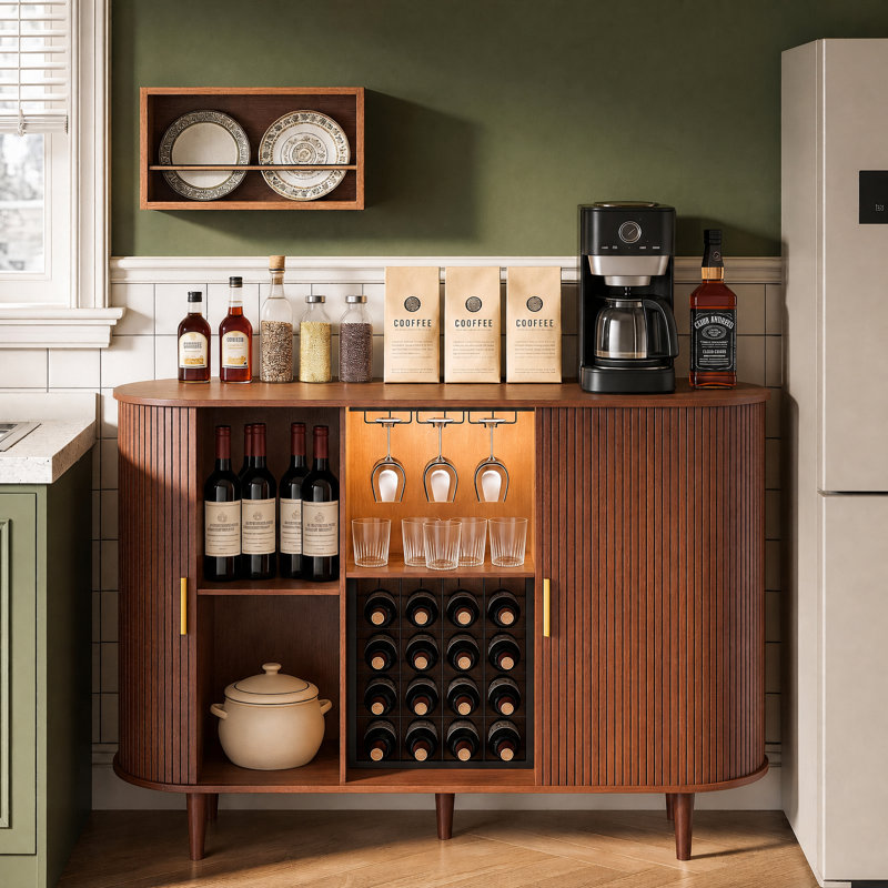 Armoire à vin 55 "avec lumières à DEL, support à vin et porte-verre Mid-Century, Walnut