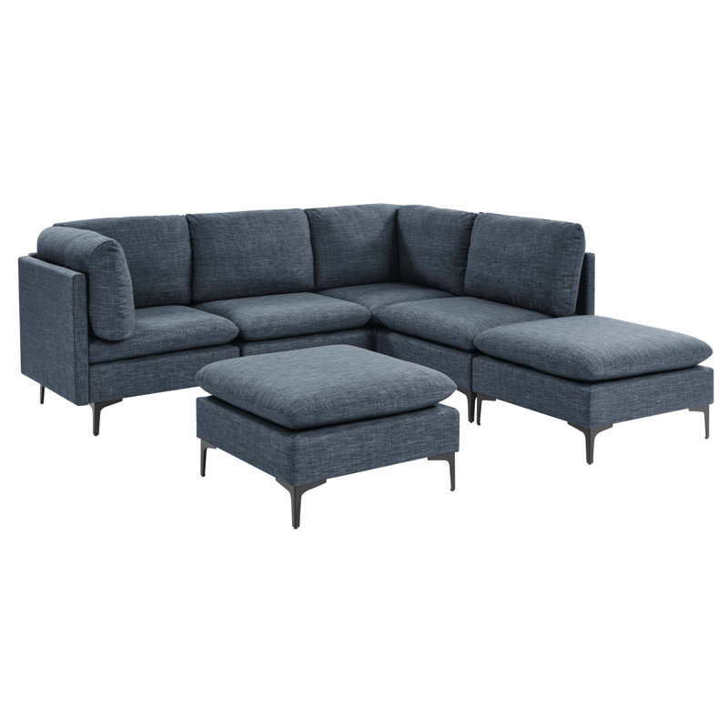 Canapé modulaire réversible avec repose-pieds Cheryal, Mélange de lin bleu