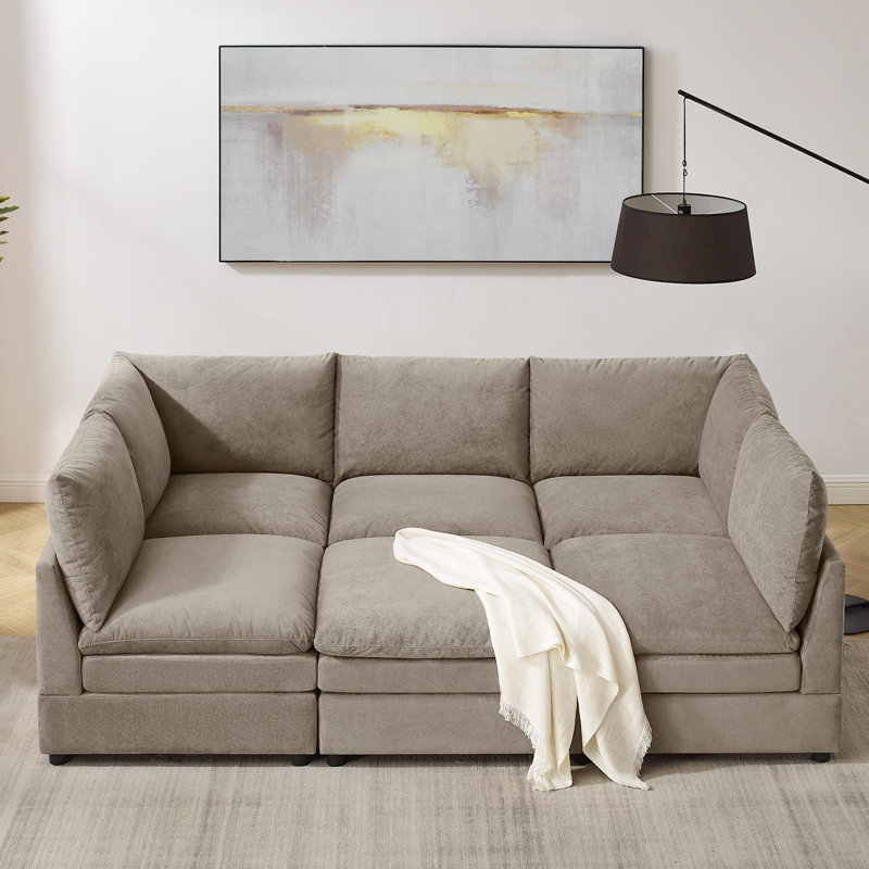  Cann 6-Piece Upholstered Modular Sectional Couch With Ottoman, Tan Polyester Blend