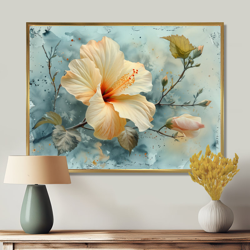 Hibiscus jaune et gris - Hibiscus, Toile avec cadre flottant or, H 12 po x l 20 po x P 1 po