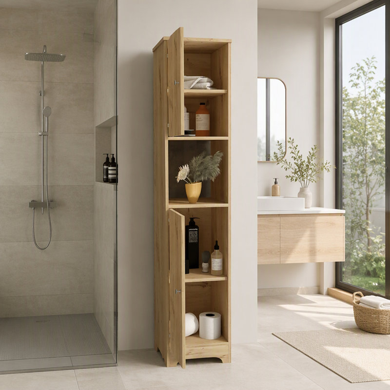 Armoire à linge avec quatre tablettes intérieures et finition chêne clair