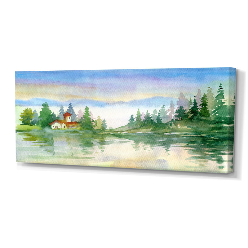 Paysage de rivière d'été avec arbres verts - Peinture sur toile, H 28 po x l 60 po, Toile tendue