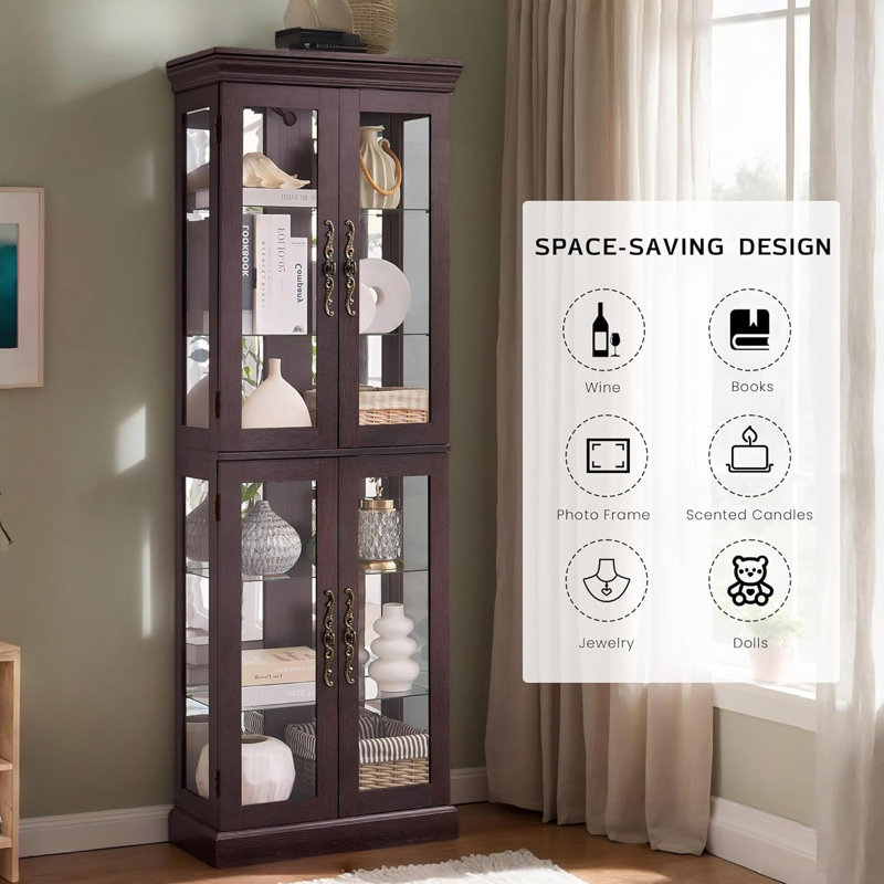 Lighted Curio Cabinet 71" Vintage Glass Display Case with Adjustable Shelves, 4 Tempered Glass Doors, Bulb Included, Wooden Square Wine Bar China Cabinet for Living Room Liquor Storage