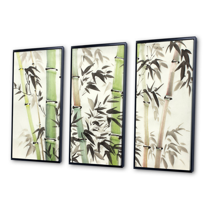 Bamboo Branches in The Forest II - 3 pièces, cadre flottant, impression sur toile, Cadre noir, H 28 po x l 36 po