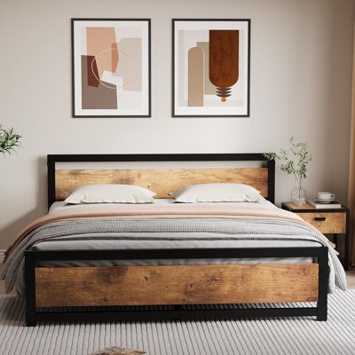 King Industrial Metal Bed Frame with Wooden Headboard, No Box Spring Needed, 14" Noise-Free Platform, Rustic Brown