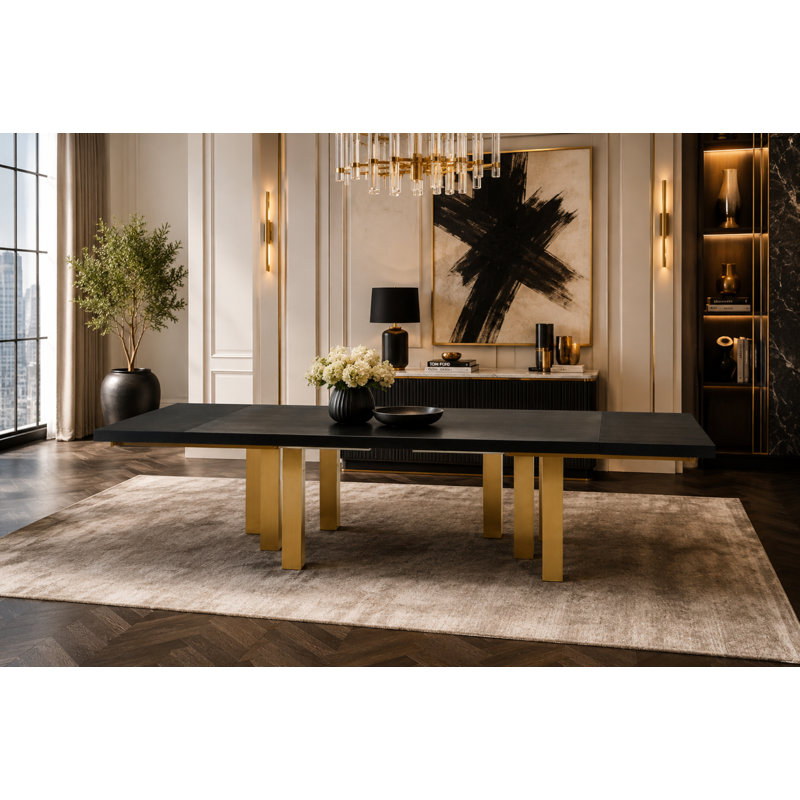 Table de salle à manger extensible Bravo, plateau noir mat et base or mat, Doré, Noir mat