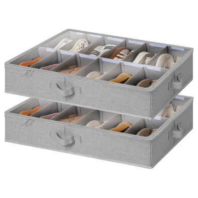 Fabric Shoe Storage Containers with Adjustable Dividers, Under Bed Shoe Organizer fits up to 24 Pairs, Gray