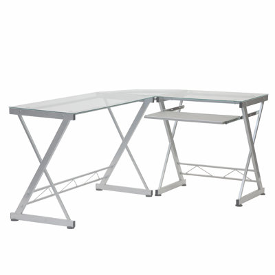 L-Shaped Tempered Glass Top Computer Desk With Pull Out Keyboard Panel, Clear