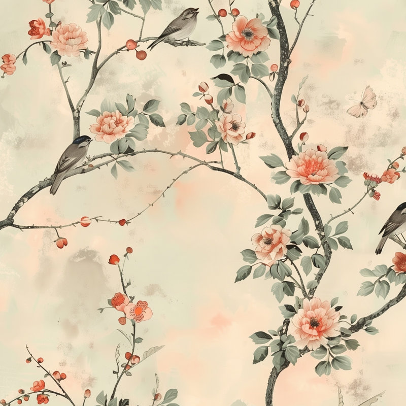Papier peint floral, oiseaux, décoration murale traditionnelle, Peler et coller