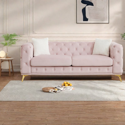 Compression Sofas, 82.5 Inch Pink Velvet Modern Chesterfield For Home