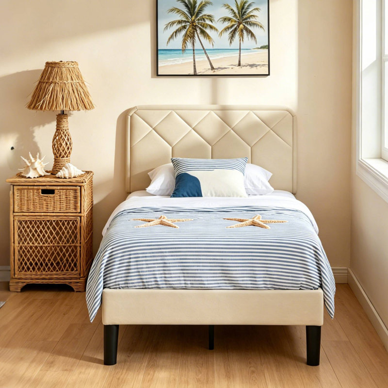 Twin Platform Bed Frame with Velvet Upholstered Headboard and Wooden Slats Support, Mattress Foundation/No Box Spring Needed