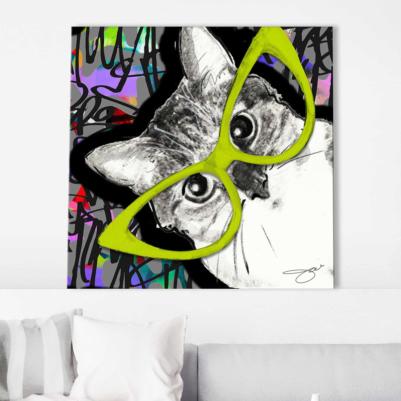 Chat dans des verres (carré) par Jodi - impression, Toile tendue, H 28 po x l 28 po x P 1,5 po