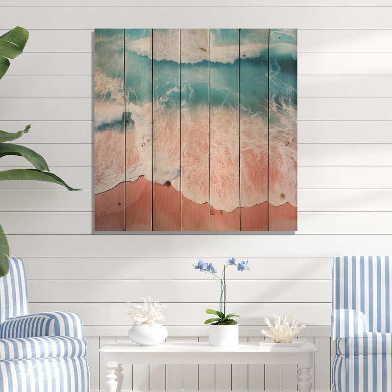 Vue aérienne de la plage bleue et rose II - plage sur bois, H 15 po x l 15 po
