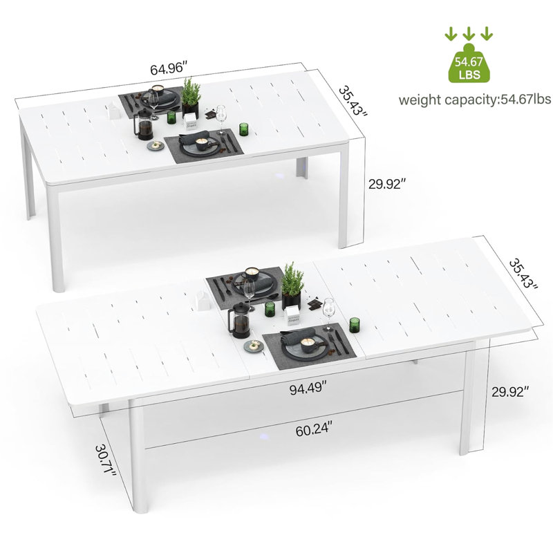 Table de patio extensible en aluminium blanc pour 6 à 8 personnes