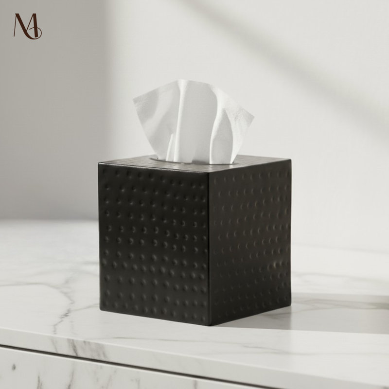 Hand Hammered Metal Tissue Box Cover, Matte Black
