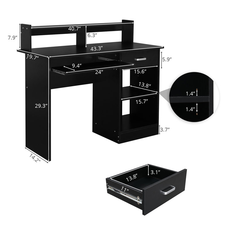 FCH Black 43.31in Particle Board with Embossed Melamine, One Drawer and Two Shelves, with Keyboard Tray, Computer Desk 