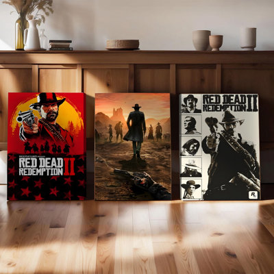 3PCS Wall Arts Posters Framed, Red Dead Redemption II Canvas Wall Art Set of 3, Gaming Poster Prints for Bedroom Living Room Decor, Rockstar Games Theme Artwork, High Quality Vivid Color Decorative Paintings for Gamers and Fans