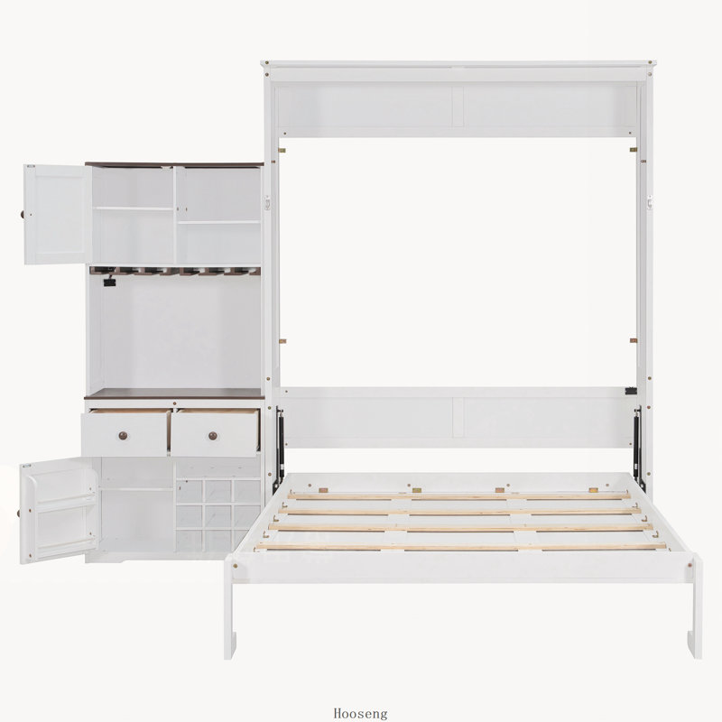 Lit escamotable Queen avec armoire de rangement, casier à vin, porte-verres, tiroirs et bande DEL multicolores, blanc