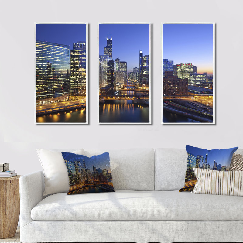 Chicago River with Bridges at Sunset - 3 pièces, cadre photo flottant sur toile, Blanc, H 32 po x l 48 po
